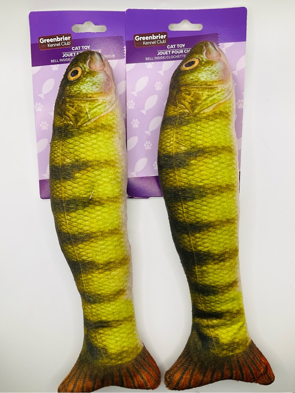 NWT 2pc Cat Toy Set - 10” Green Brown Trout Bass Fish - Bell Sound Play Gifts